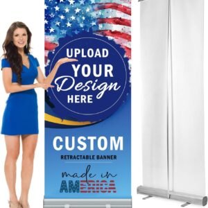 AOK Banner retráctil de aluminio de 31 x 78 pulgadas, a todo color, exhibición de conferencias, letrero de promoción de ferias comerciales con soporte y estuche de viaje